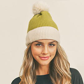 Two Tone Knit Pompom Beanie Hat