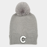 -C- Monogram Faux Fur Pom Pom Knit Beanie Hat