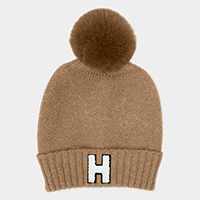 -H- Monogram Faux Fur Pom Pom Knit Beanie Hat