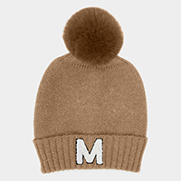 -M- Monogram Faux Fur Pom Pom Knit Beanie Hat