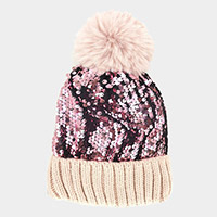 Sequin Pom Pom Knit Beanie Hat