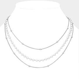 Pearl Metal Ball Chain Triple Layered Bib Necklace