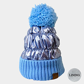 Fleece Lining  Puffer Knit Pom Pom Beanie Hat