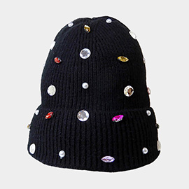 Pearl Jewel Embellished Fleece Lining Knit Beanie Hat