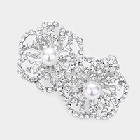 Pearl Centered Rhinestone Embellished Flower Clip on Earrings