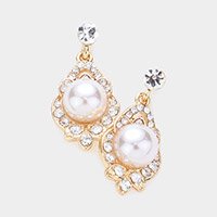 Pearl Accented Rhinestone Embellished Metal Dangle Earrings