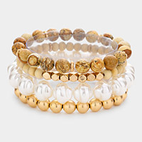 4PCS - Semi Precious Pearl Wood Beaded Stretch Bracelets