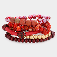 5PCS - Natural Stone Wood Heishi Beaded Stretch Bracelets