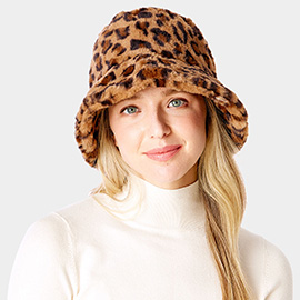 Leopard Patterned Faux Fur Bucket Hat