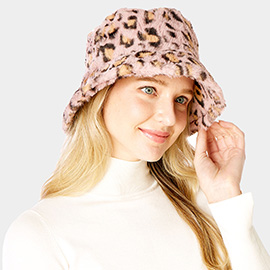 Leopard Patterned Faux Fur Bucket Hat