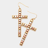 Metal Cube Detailed Cross Dangle Earrings