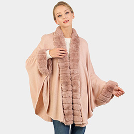 Faux Fur Trimmed Solid Long Shawl Poncho Cape