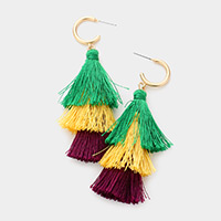 Mardi Gras Metal Hoop Triple Layered Tassel Dangle Earrings