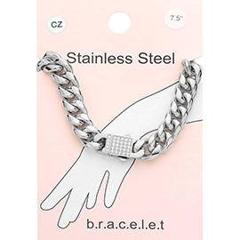 Stainless Steel CZ Embellished Metal Chain Link Bracelet