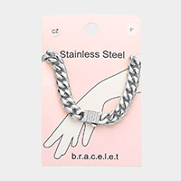 Stainless Steel CZ Embellished Metal Chain Link Bracelet