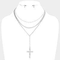 Stone Embellished Cross Pendant Triple Layered Necklace