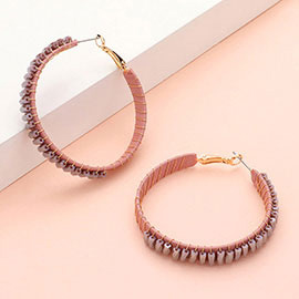 Rectangle Bead Trimmed Raffia Wrapped Hoop Earrings