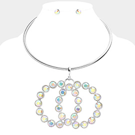 Round Stone Embellished Double Open Circle Link Necklace