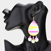 Raffia Wrapped Teardrop Triple Ball Link Dangle Earrings