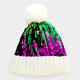 Mardi Gras Sequin Pom Pom Beanie Hat