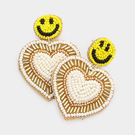 Felt Back Seed Beaded Smile Heart Link Dangle Earrings