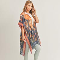 Floral Leaf Print Cover Up Kimono Poncho