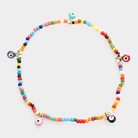 Evil Eye Charm Seed Beaded Stretch Bracelet