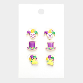 3Pairs - Mardi Gras Mask Hat Stud Earrings