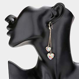 Dropped Rhinestone Pave Double Heart Dangle Earrings