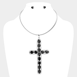 Glass Stone Embellished Cross Pendant Necklace