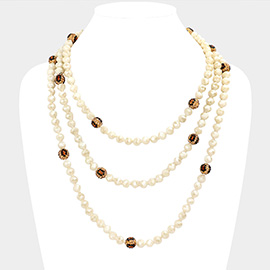 Leopard Pattern Shamballa Ball Accented Faceted Bead Long Necklace