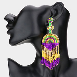 Felt Back Mardi Gras Seed Beaded Fringe Dangle Earrings