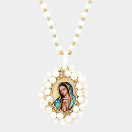 Virgin Mary Cross Printed Faceted Bead Cluster Pendant Long Necklace