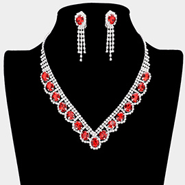 Oval Stone Accented V Shaped Rhinestone Necklace Clip on Earring Set