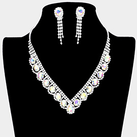 Oval Stone Accented V Shaped Rhinestone Necklace Clip on Earring Set