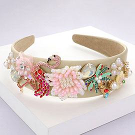 Pearl Multi Bead Embellished Flamingo Flower Palm Tree Headband