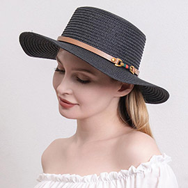 Color Block Pointed Faux Leather Band Straw Sun Hat