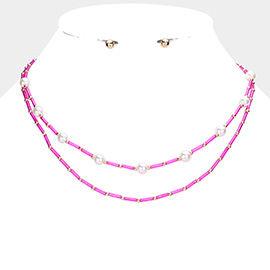 Pearl Station Tube Beaded Double Layered Necklace