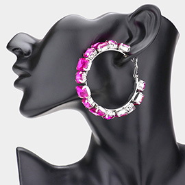 Round Emerald Cut Stone Cluster Hoop Evening Earrings