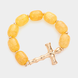 Metal Bamboo Cross Accented Natural Stone Stretch Bracelet