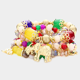 5PCS - Metal Elephant Charm Multi Beaded Stretch Bracelets