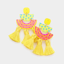 Polka Dot Patterned Resin Triple Tassel Link Dangle Earrings