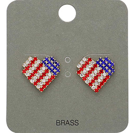 American USA Flag Rhinestone Heart Stud Earrings