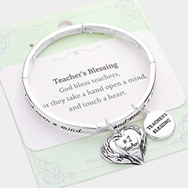 Teacher's Blessing Heart Wings Charm Message Stretch Bracelet