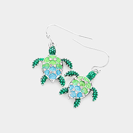 Rhinestone Embellished Enamel Turtle Dangle Earrings