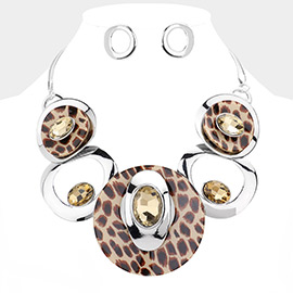 Leopard Patterned Celluloid Acetate Glass Stone Metal Statement Necklace