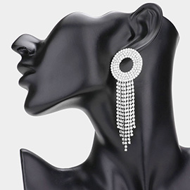 Open Circle Accented Rhinestone Fringe Dangle Evening Earrings