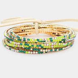 12PCS - Ribbon Colorful Rhinestone Layered Stretch Bracelets