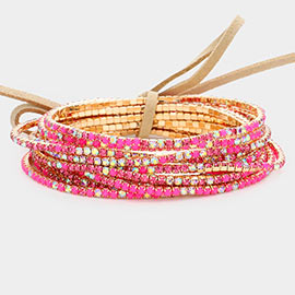 12PCS - Ribbon Colorful Rhinestone Layered Stretch Bracelets