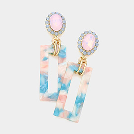 Oval Stone Celluloid Acetate Open Rectangle Link Dangle Earrings